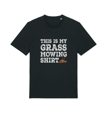 black slogan t-shirt with the graphic of a lawn mower and the slogan 'this is my grass mowing shirt'