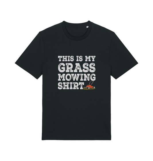 black slogan t-shirt with the graphic of a lawn mower and the slogan 'this is my grass mowing shirt'