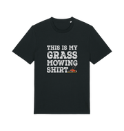 black slogan t-shirt with the graphic of a lawn mower and the slogan 'this is my grass mowing shirt'