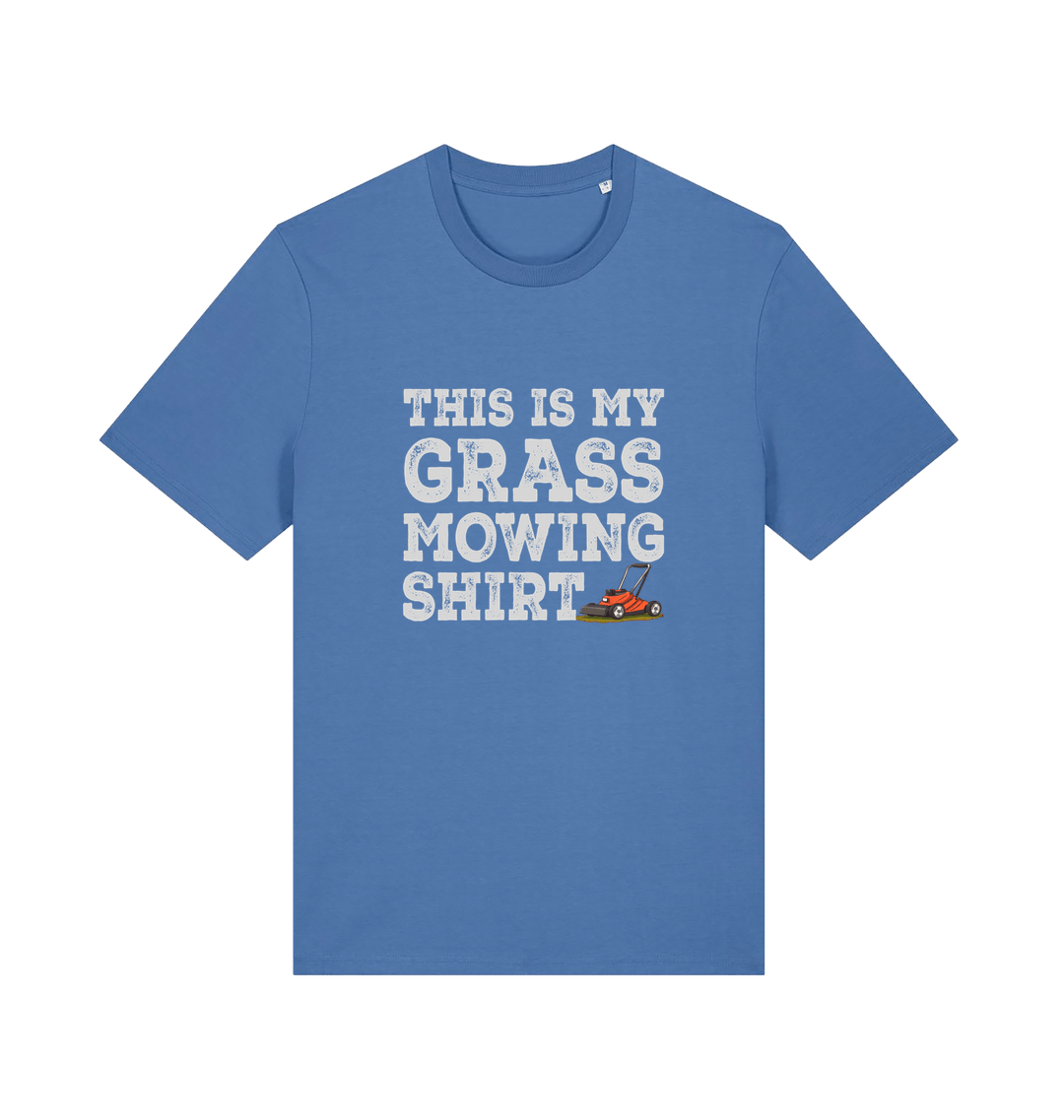 blue slogan t-shirt with the graphic of a lawn mower and the slogan 'this is my grass mowing shirt'