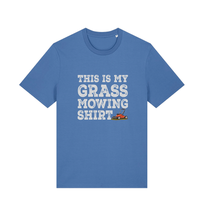 blue slogan t-shirt with the graphic of a lawn mower and the slogan 'this is my grass mowing shirt'