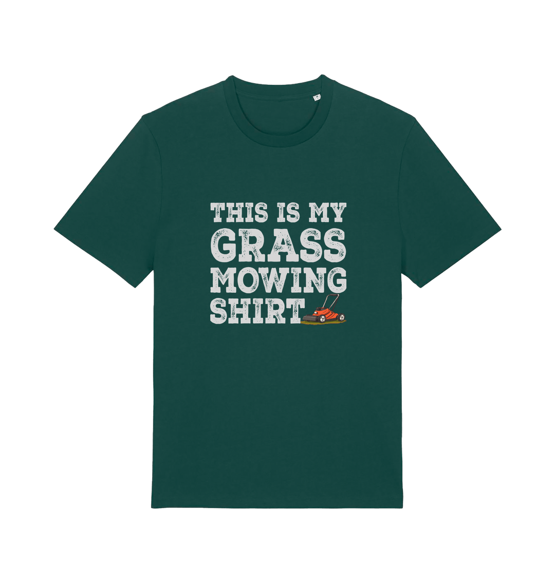 green slogan t-shirt with the graphic of a lawn mower and the slogan 'this is my grass mowing shirt'