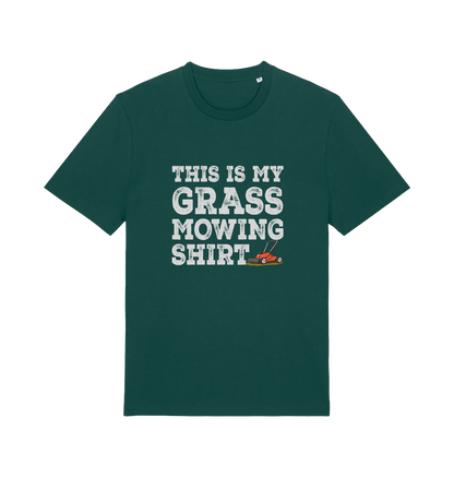 green slogan t-shirt with the graphic of a lawn mower and the slogan 'this is my grass mowing shirt'