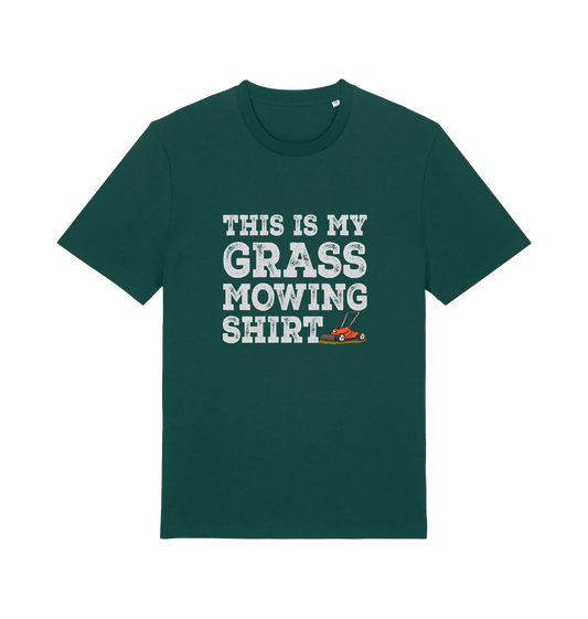 green slogan t-shirt with the graphic of a lawn mower and the slogan 'this is my grass mowing shirt'