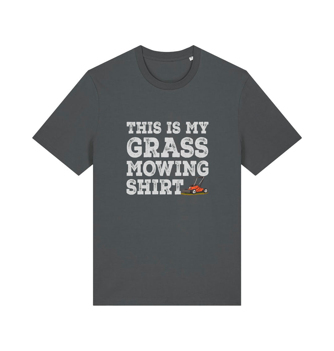 grey slogan t-shirt with the graphic of a lawn mower and the slogan 'this is my grass mowing shirt'