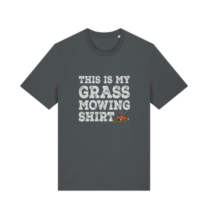 grey slogan t-shirt with the graphic of a lawn mower and the slogan 'this is my grass mowing shirt'