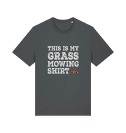 grey slogan t-shirt with the graphic of a lawn mower and the slogan 'this is my grass mowing shirt'