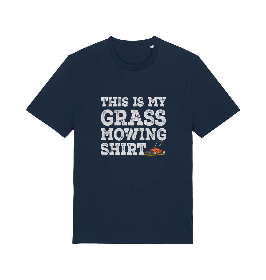 navy slogan t-shirt with the graphic of a lawn mower and the slogan 'this is my grass mowing shirt'