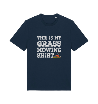 navy slogan t-shirt with the graphic of a lawn mower and the slogan 'this is my grass mowing shirt'