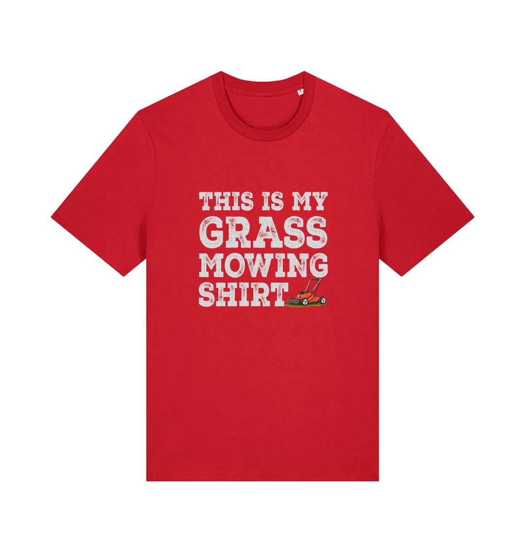 red slogan t-shirt with the graphic of a lawn mower and the slogan 'this is my grass mowing shirt'