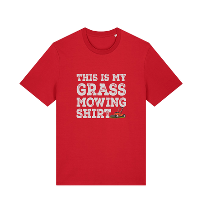 red slogan t-shirt with the graphic of a lawn mower and the slogan 'this is my grass mowing shirt'