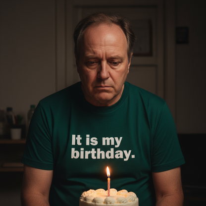 Man wearing a green t-shirt with 'It is my birthday.' text, sitting in front of a small birthday cake with a lit candle.