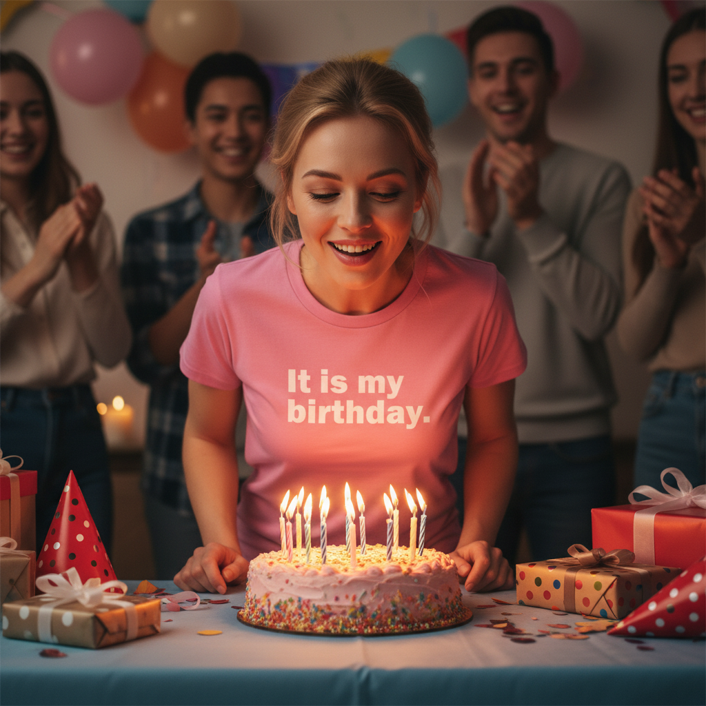 Woman in pink shirt celebrating birthday with friends and cake