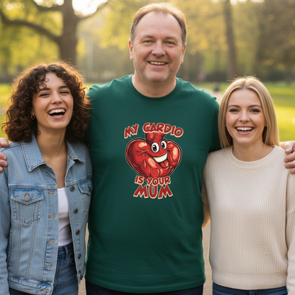 Man wearing a green t-shirt with a heart graphic and text, standing with two women outdoors.