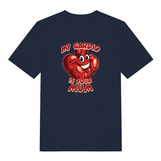 navy funny offensive t-shirt with the graphic of a red cartoon heart with a smiling face and the slogan 'my cardio is your mum'