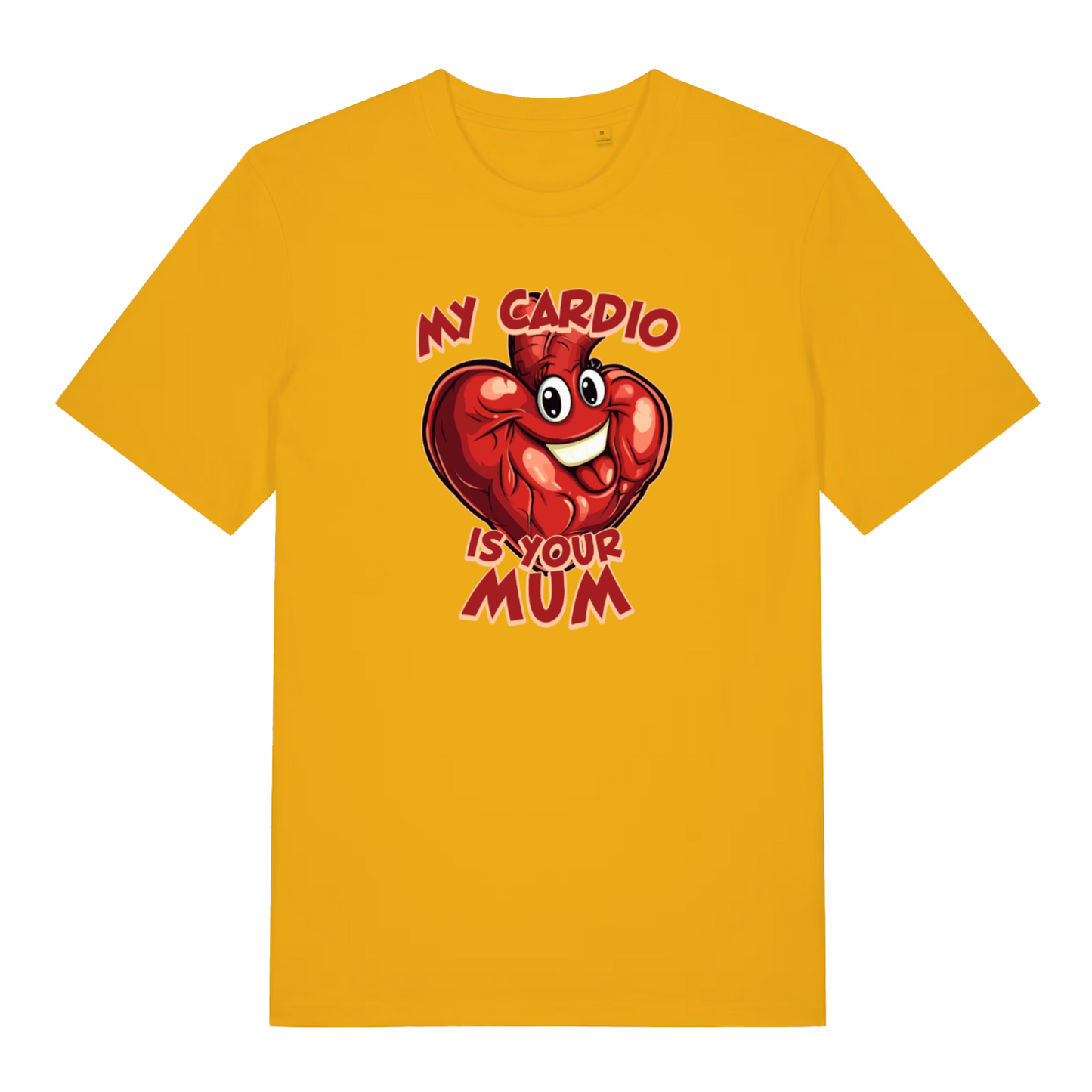 yellow funny offensive t-shirt with the graphic of a red cartoon heart with a smiling face and the slogan 'my cardio is your mum'