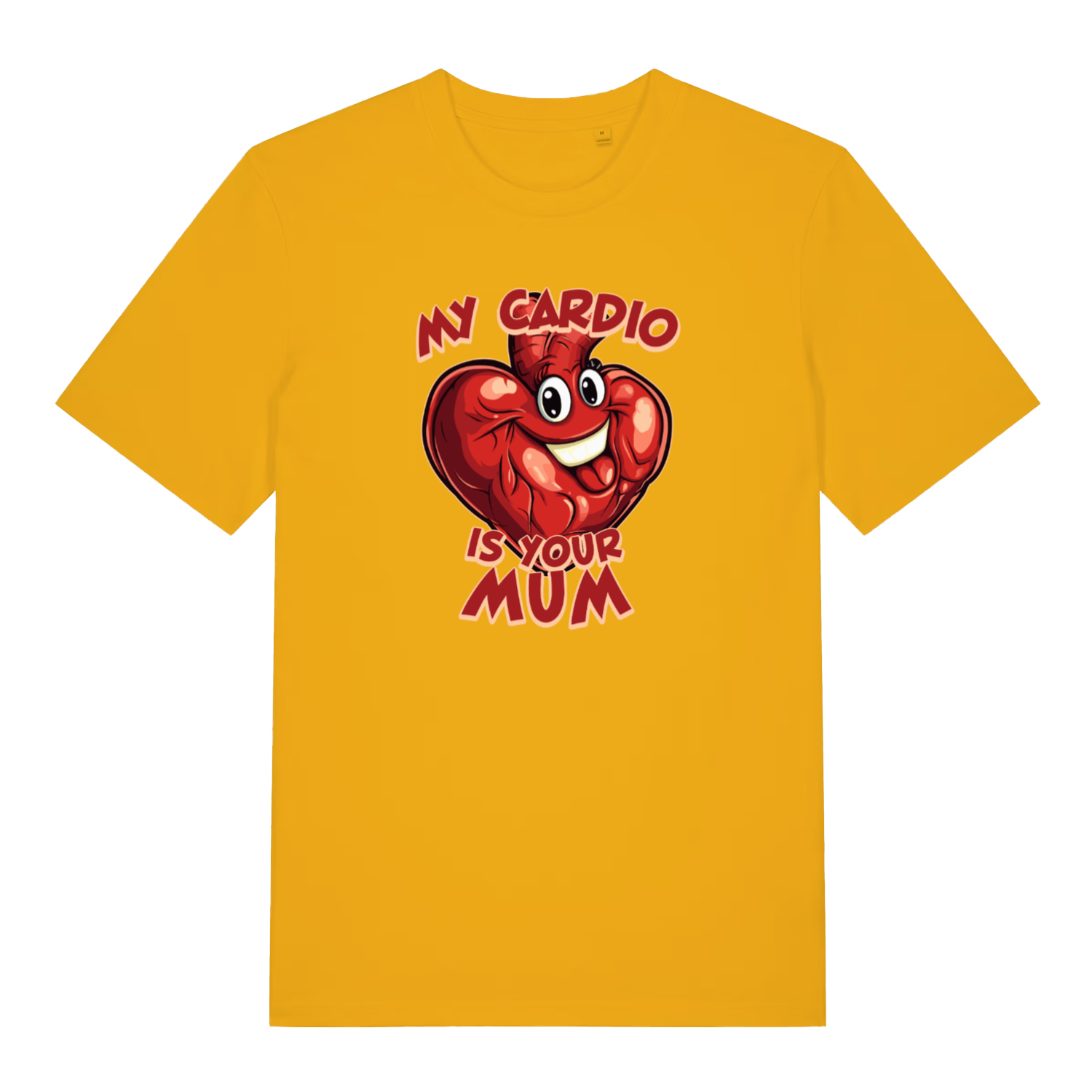 yellow funny offensive t-shirt with the graphic of a red cartoon heart with a smiling face and the slogan 'my cardio is your mum'