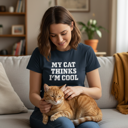 Woman sitting on a couch with an orange cat, wearing a t-shirt that says 'My cat thinks I'm cool'.