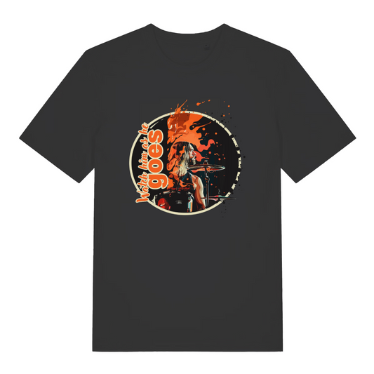 black music t-shirt with the graphic of the iconic taylor hawkins and the slogan 'watch him as he goes'
