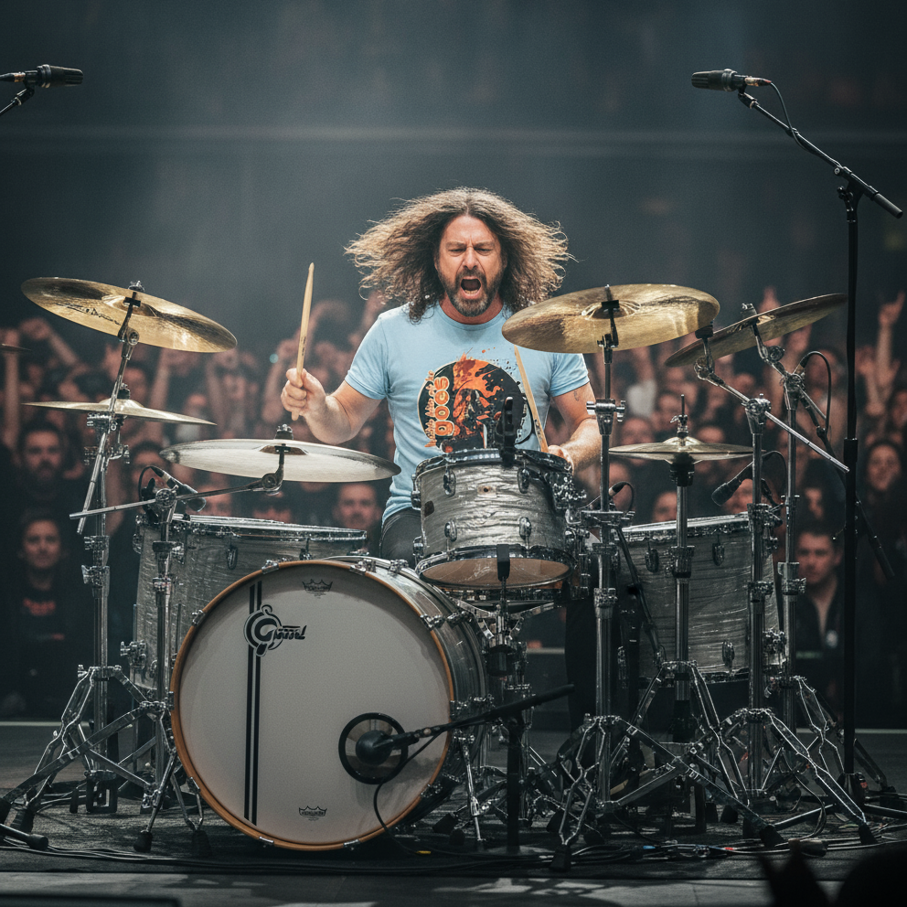 Drummer performing on stage with a crowd in the background