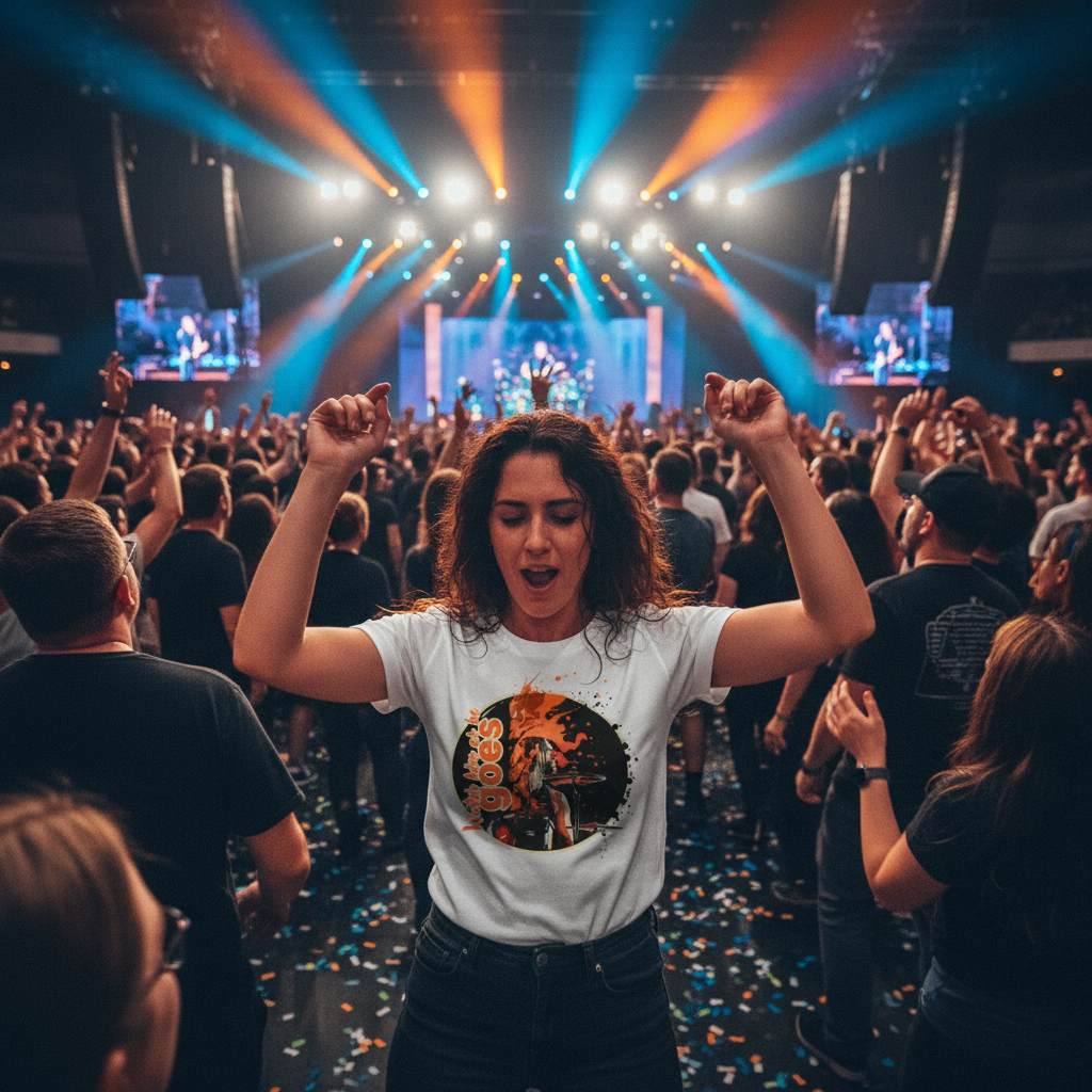 Person with raised arms at a concert with stage lights and crowd in the background