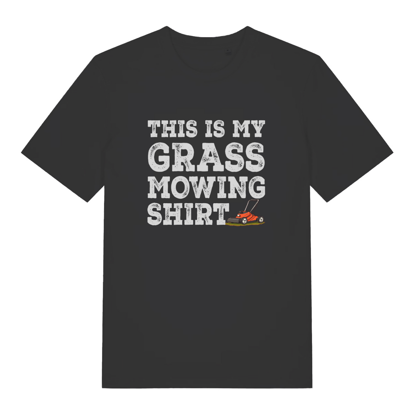 Black slogan t-shirt with white text 'This is my grass mowing shirt' 