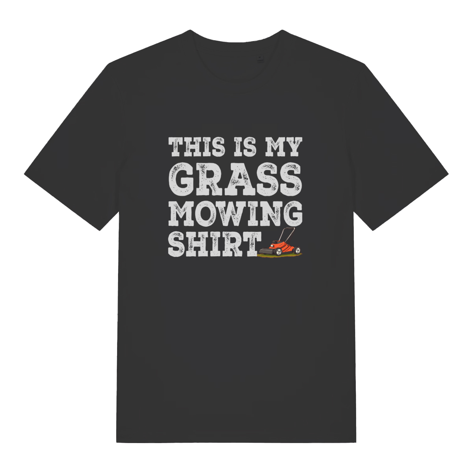 Black slogan t-shirt with white text 'This is my grass mowing shirt' 