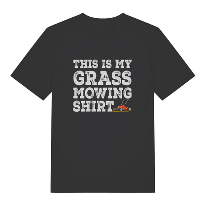Black slogan t-shirt with white text 'This is my grass mowing shirt' 