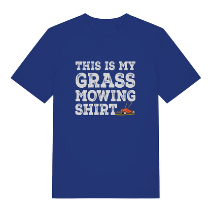 blue slogan t-shirt with white text 'This is my grass mowing shirt'