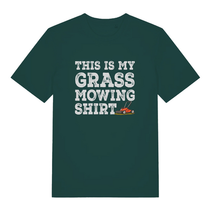 green slogan t-shirt with white text 'This is my grass mowing shirt'