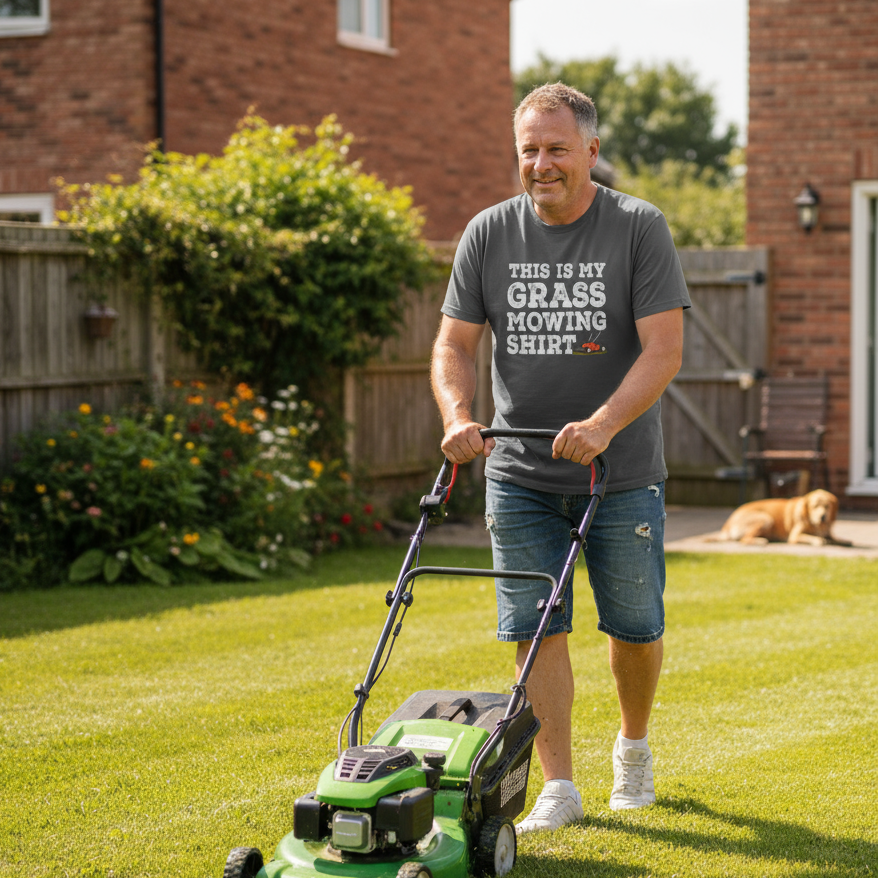 Man mowing grass wearing a humorous t-shirt in a garden setting.