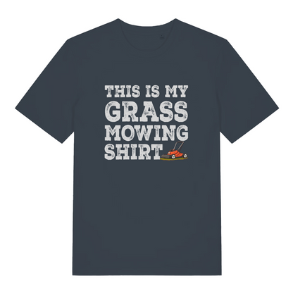 ink grey slogan t-shirt with white text 'This is my grass mowing shirt'