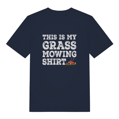navy slogan t-shirt with white text 'This is my grass mowing shirt'