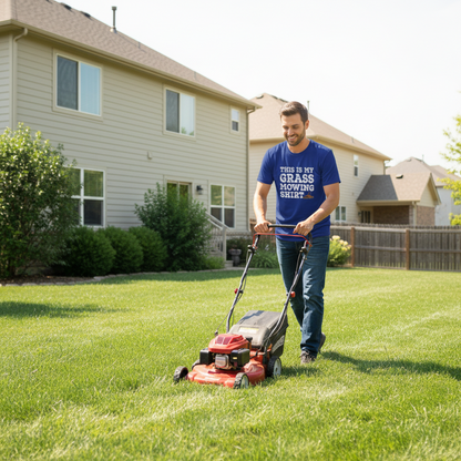 Man mowing a lawn wearing a shirt with text in a residential area.