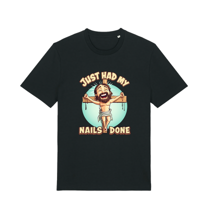 Black funny jesus t-shirt with a graphic of a cartoon jesus on a cross and the slogan 'just had my nails done'