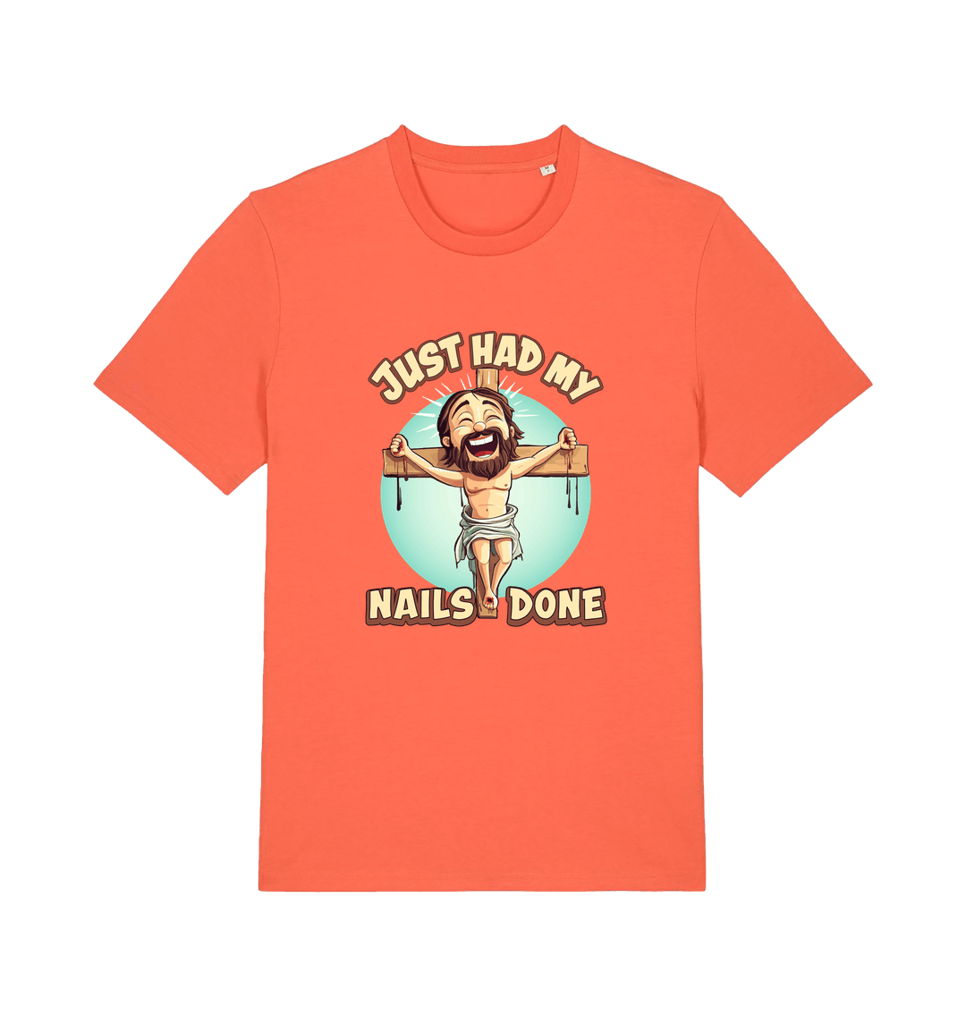 orange funny jesus t-shirt with a graphic of a cartoon jesus on a cross and the slogan 'just had my nails done'