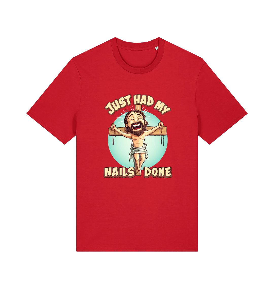 red funny jesus t-shirt with a graphic of a cartoon jesus on a cross and the slogan 'just had my nails done'