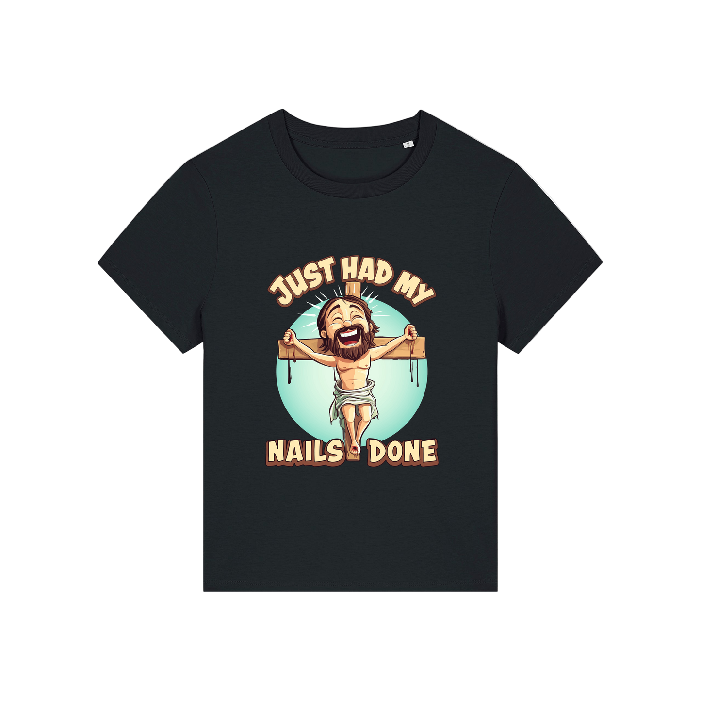black funny jesus t-shirt with the graphic of jesus on a cross and the slogan 'just had my nails done'