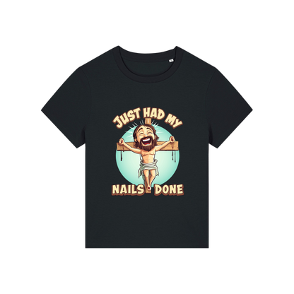 black funny jesus t-shirt with the graphic of jesus on a cross and the slogan 'just had my nails done'