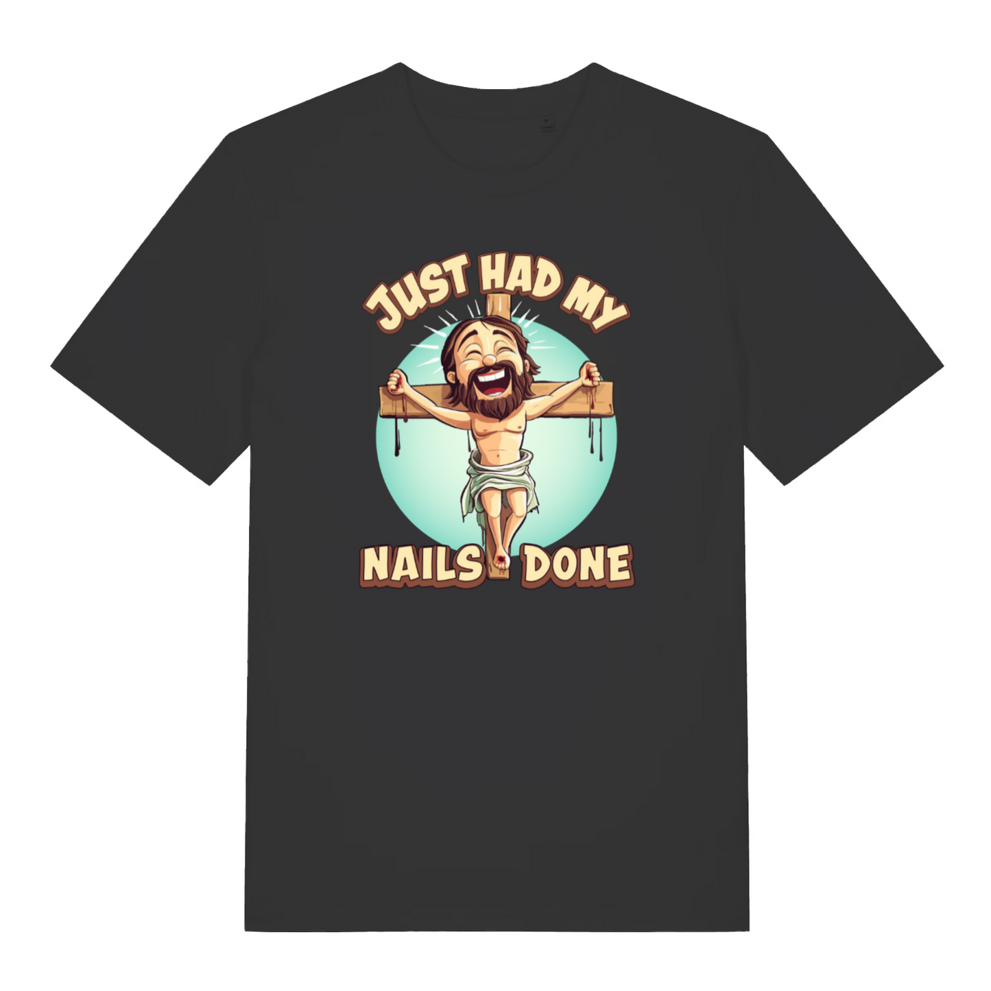 black women's funny offensive t-shirt with the graphic of jesus on the cross and the slogan 'just had my nails done'