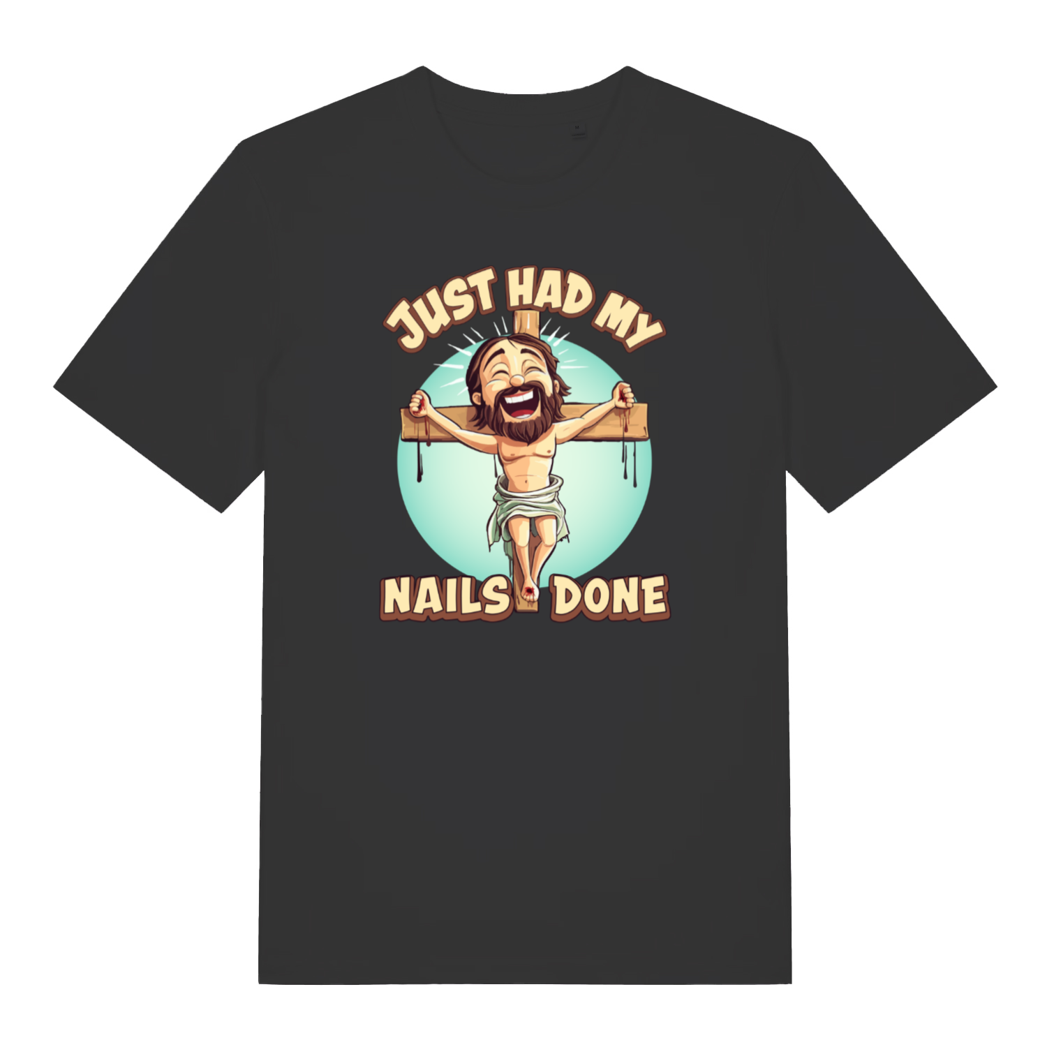 black women's funny offensive t-shirt with the graphic of jesus on the cross and the slogan 'just had my nails done'