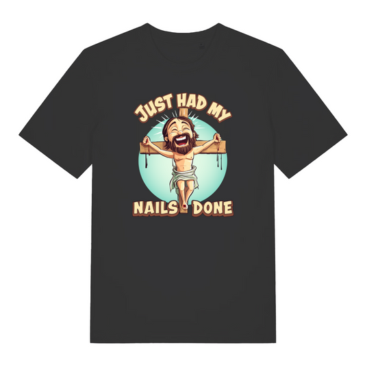 black women's funny offensive t-shirt with the graphic of jesus on the cross and the slogan 'just had my nails done'