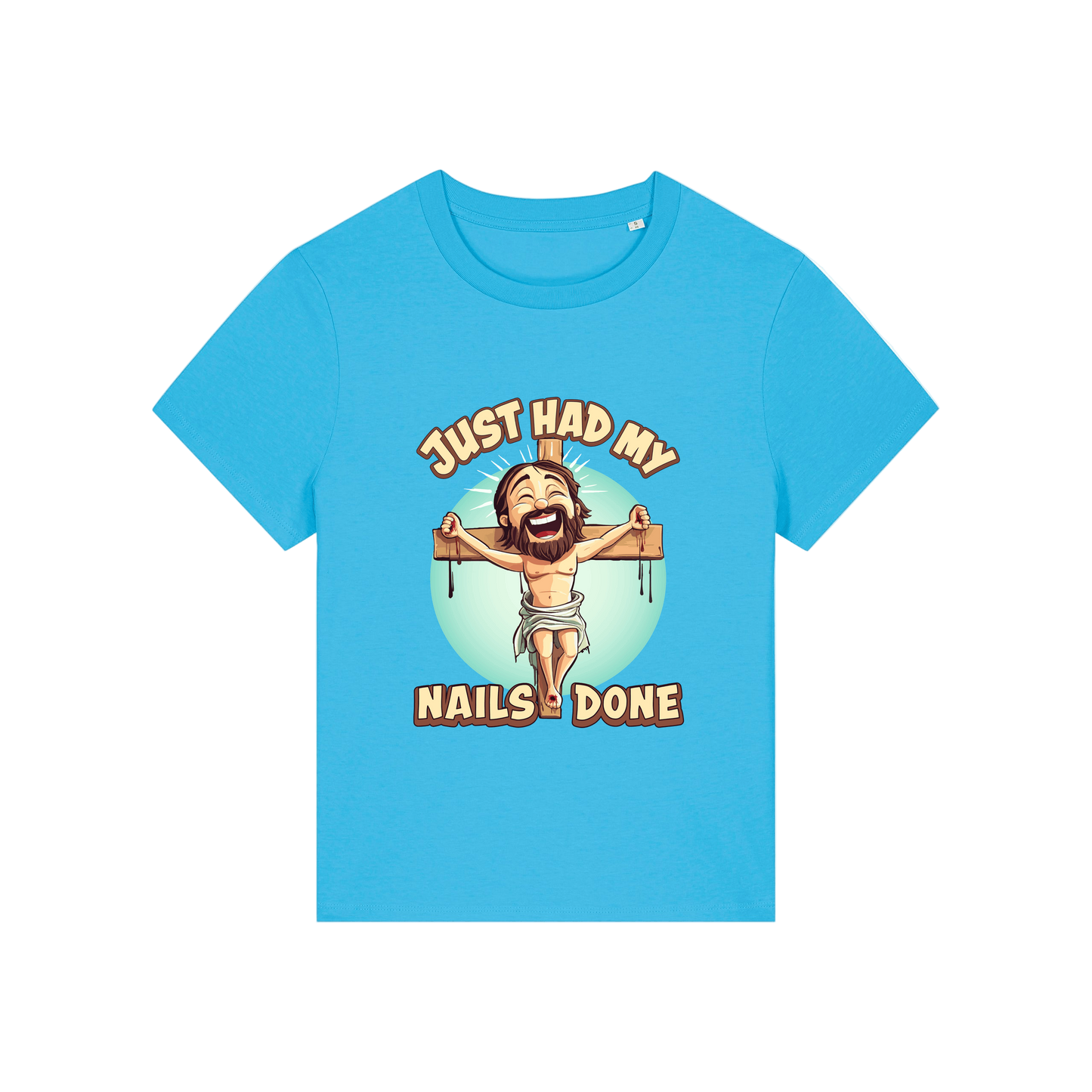 blue funny jesus t-shirt with the graphic of jesus on a cross and the slogan 'just had my nails done'