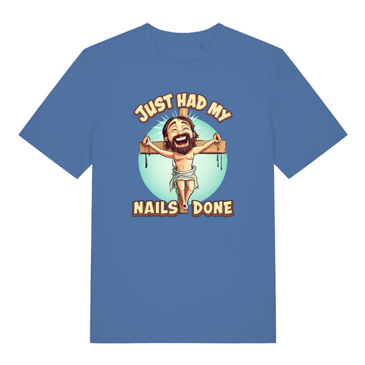 blue women's funny offensive t-shirt with the graphic of jesus on the cross and the slogan 'just had my nails done'