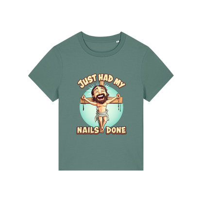 green funny jesus t-shirt with the graphic of jesus on a cross and the slogan 'just had my nails done'