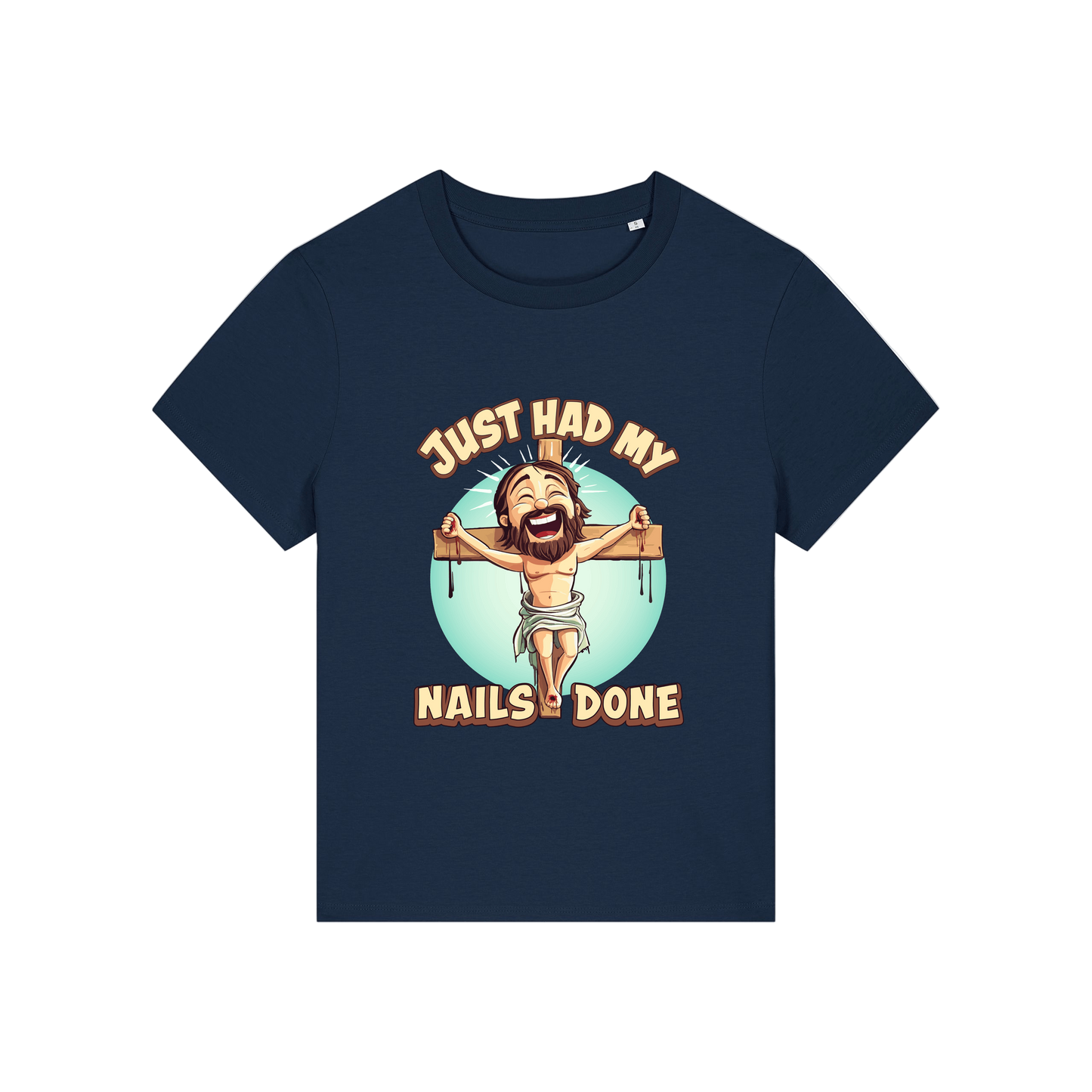 navy funny jesus t-shirt with the graphic of jesus on a cross and the slogan 'just had my nails done'