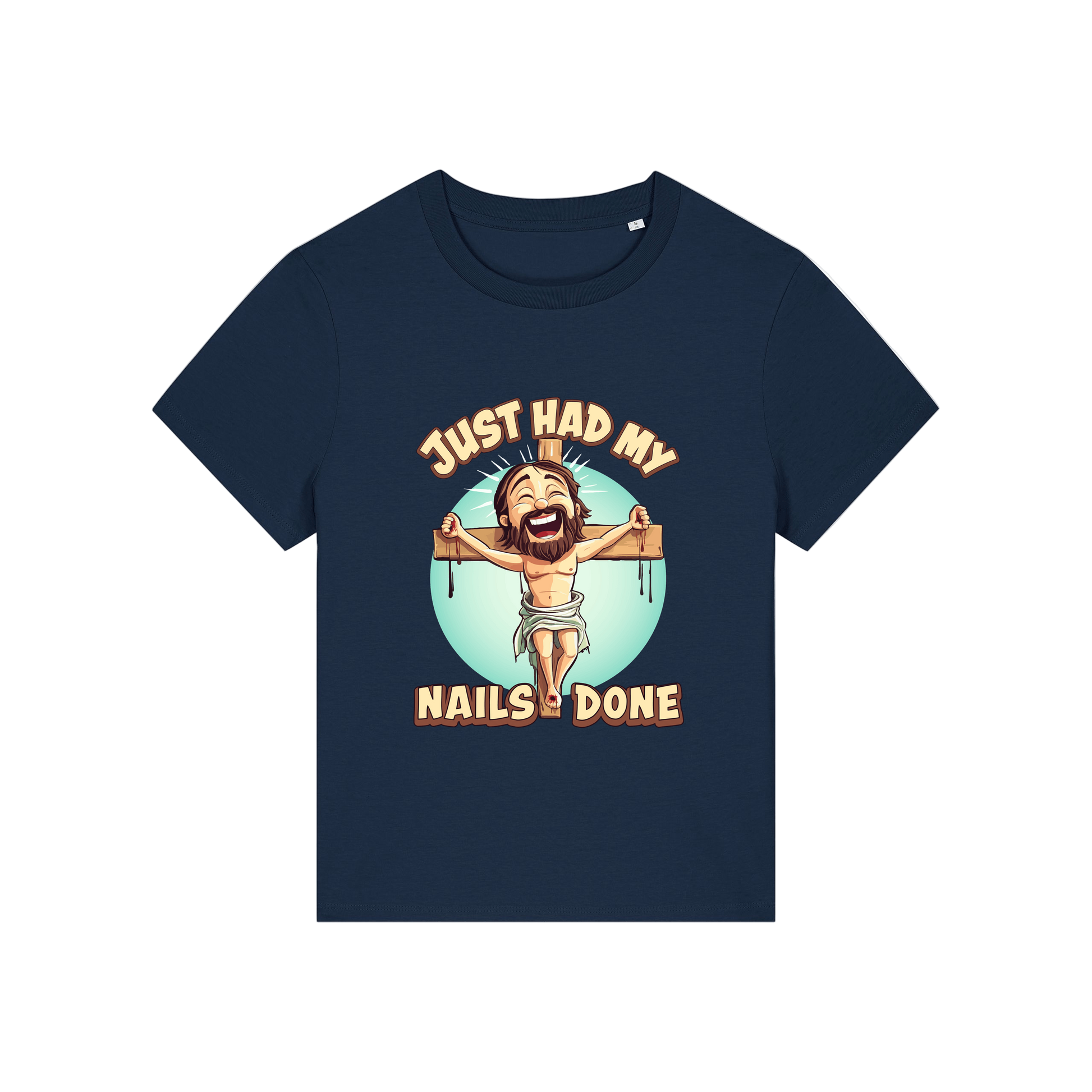 navy funny jesus t-shirt with the graphic of jesus on a cross and the slogan 'just had my nails done'