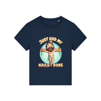 navy funny jesus t-shirt with the graphic of jesus on a cross and the slogan 'just had my nails done'