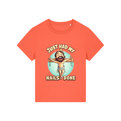orange funny jesus t-shirt with the graphic of jesus on a cross and the slogan 'just had my nails done'