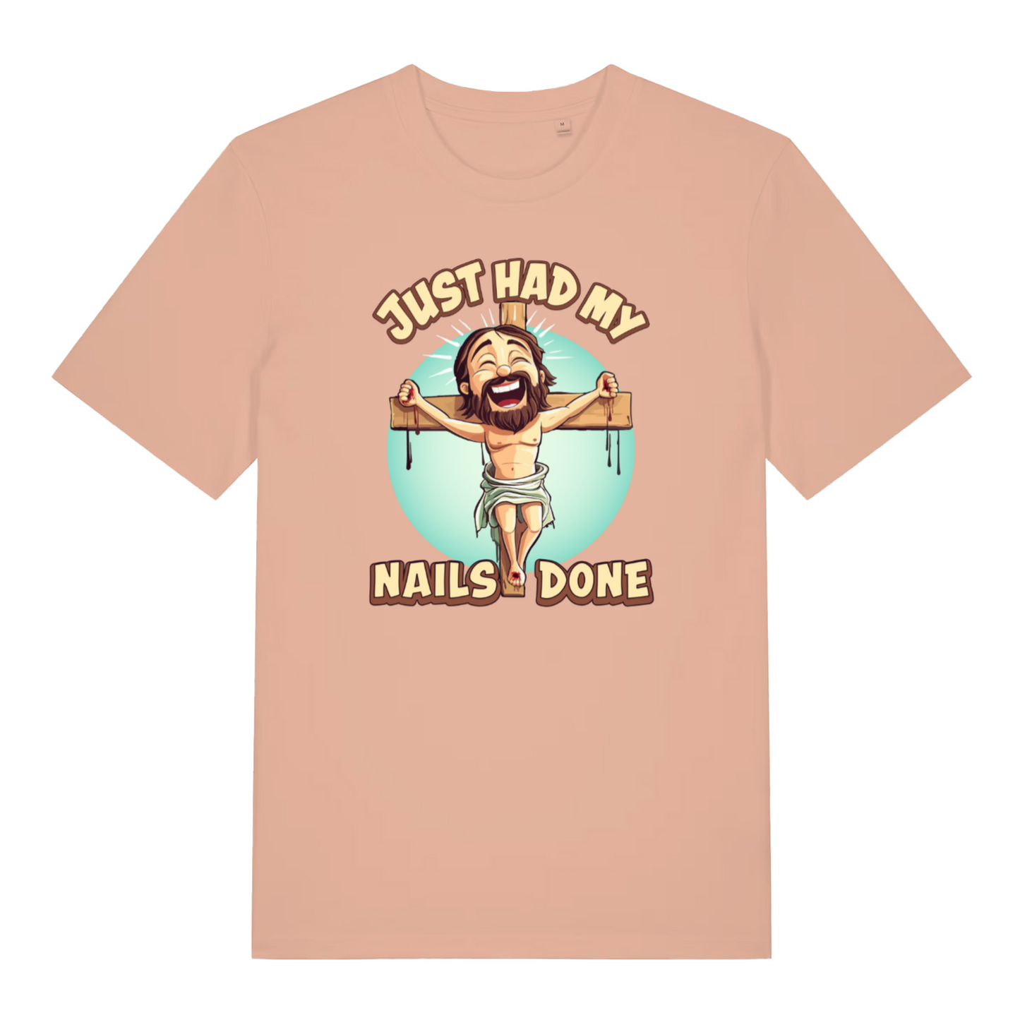 peach women's funny offensive t-shirt with the graphic of jesus on the cross and the slogan 'just had my nails done'